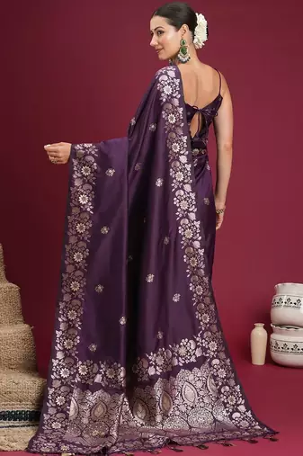 Purple purple floral zari silk blend heavy work banarasi saree unstiched blouse