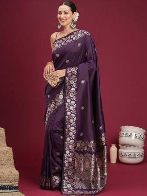 Purple purple floral zari silk blend heavy work banarasi saree unstiched blouse 4