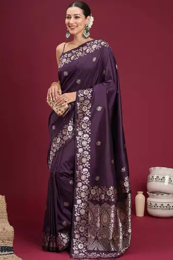 Purple purple floral zari silk blend heavy work banarasi saree unstiched blouse