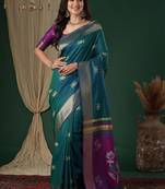 Teal teal floral zari silk blend handloom banarasi saree unstiched blouse