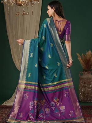 Teal teal floral zari silk blend handloom banarasi saree unstiched blouse 2