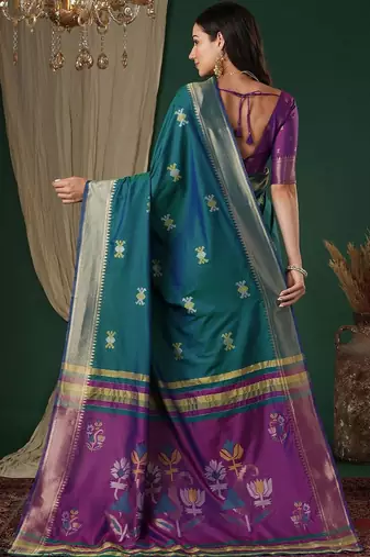 Teal teal floral zari silk blend handloom banarasi saree unstiched blouse