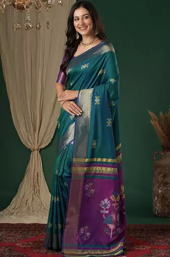 Teal teal floral zari silk blend handloom banarasi saree unstiched blouse