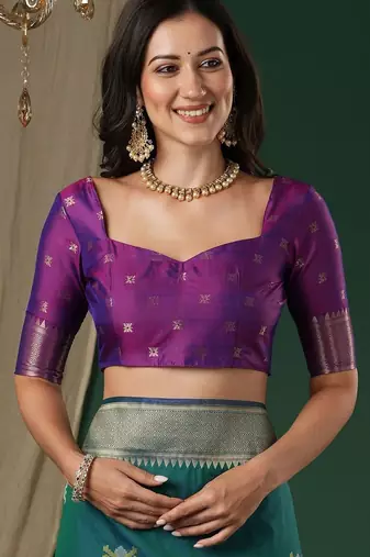 Teal teal floral zari silk blend handloom banarasi saree unstiched blouse
