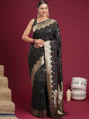 Black black floral zari silk blend heavy work banarasi saree with unstiched blouse 1