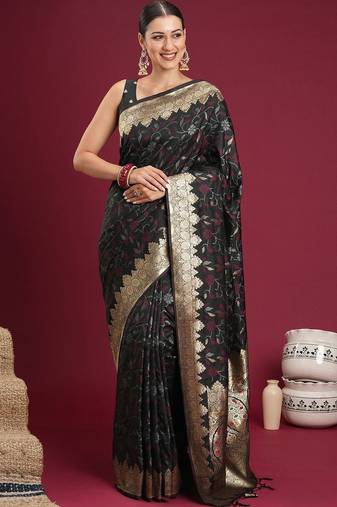 Black black floral zari silk blend heavy work banarasi saree with unstiched blouse