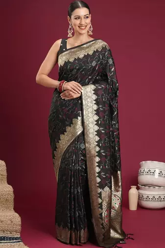 Black black floral zari silk blend heavy work banarasi saree with unstiched blouse