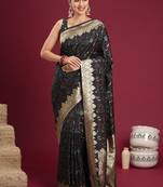 Black black floral zari silk blend heavy work banarasi saree with unstiched blouse