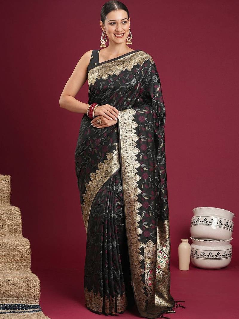 Black black floral zari silk blend heavy work banarasi saree with unstiched blouse