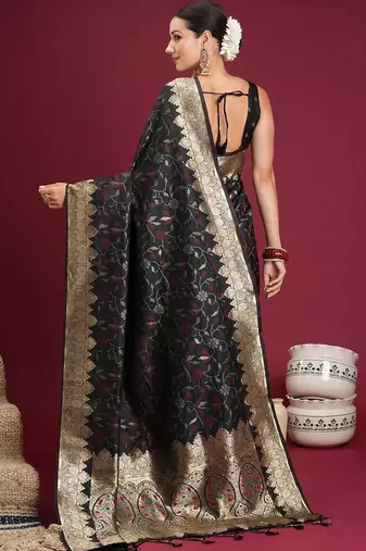 Black black floral zari silk blend heavy work banarasi saree with unstiched blouse