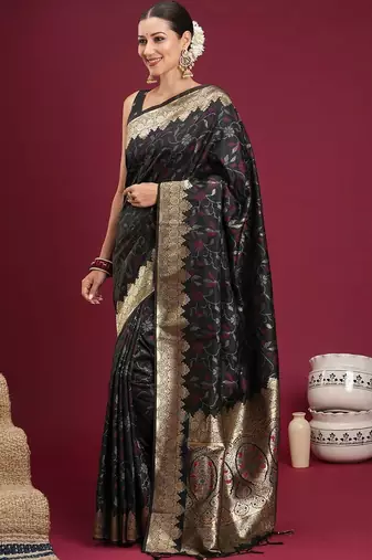 Black black floral zari silk blend heavy work banarasi saree with unstiched blouse