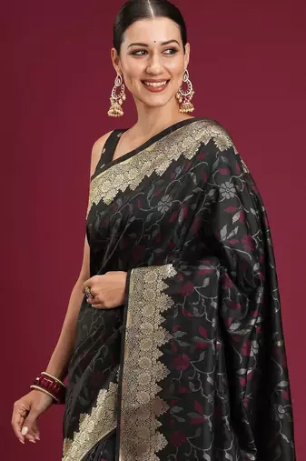 Black black floral zari silk blend heavy work banarasi saree with unstiched blouse