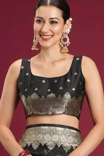 Black black floral zari silk blend heavy work banarasi saree with unstiched blouse