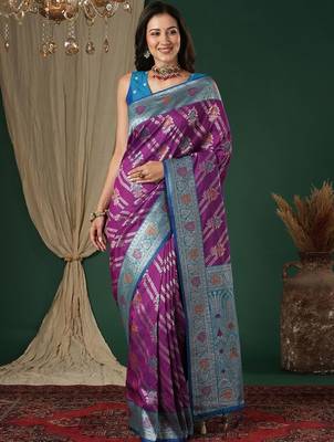 Purple purple ethnic motifs woven design zari silk blend banarasi saree unstiched blouse 1