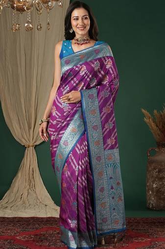 Purple purple ethnic motifs woven design zari silk blend banarasi saree unstiched blouse