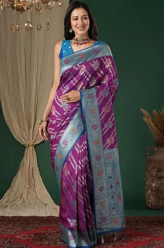 Purple purple ethnic motifs woven design zari silk blend banarasi saree unstiched blouse