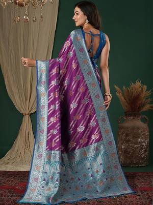 Purple purple ethnic motifs woven design zari silk blend banarasi saree unstiched blouse 2