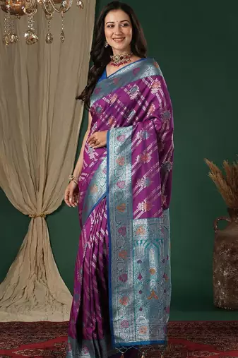 Purple purple ethnic motifs woven design zari silk blend banarasi saree unstiched blouse