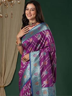 Purple purple ethnic motifs woven design zari silk blend banarasi saree unstiched blouse 4