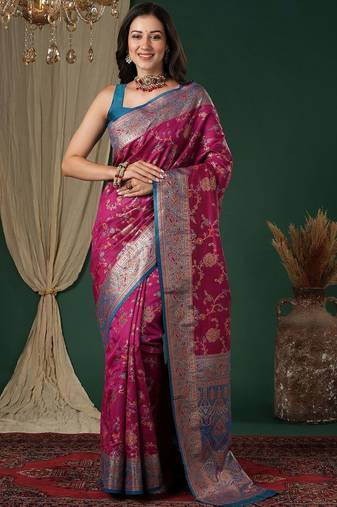 Magenta magenta ethnic motifs embroidered silk blend heavy work banarasi saree unstiched blouse