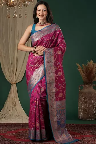 Magenta magenta ethnic motifs embroidered silk blend heavy work banarasi saree unstiched blouse
