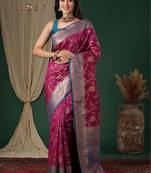 Magenta magenta ethnic motifs embroidered silk blend heavy work banarasi saree unstiched blouse
