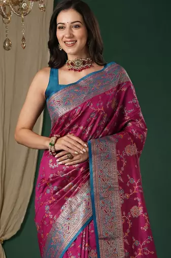 Magenta magenta ethnic motifs embroidered silk blend heavy work banarasi saree unstiched blouse