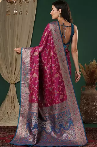 Magenta magenta ethnic motifs embroidered silk blend heavy work banarasi saree unstiched blouse