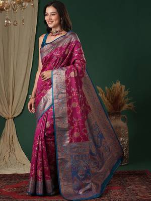 Magenta magenta ethnic motifs embroidered silk blend heavy work banarasi saree unstiched blouse 4