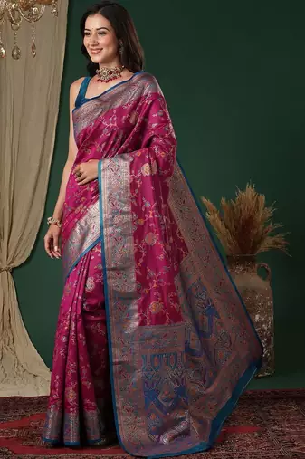 Magenta magenta ethnic motifs embroidered silk blend heavy work banarasi saree unstiched blouse