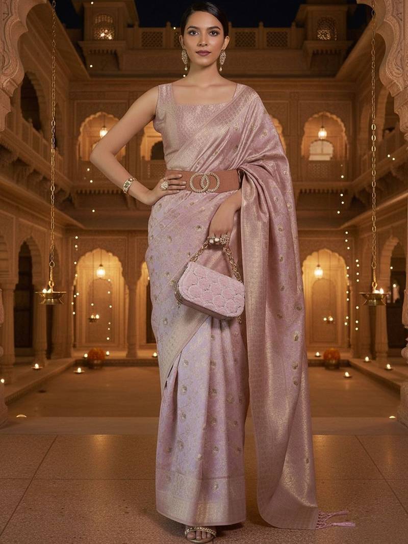 mauve ethnic motifs woven design zari banarasi silk blend saree