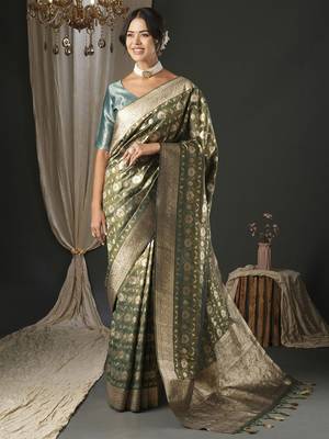 olive woven design zari organza banarasi saree 1
