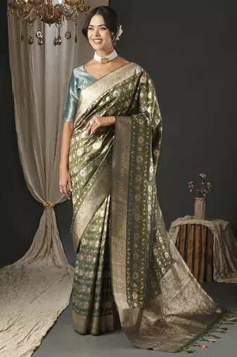 olive woven design zari organza banarasi saree