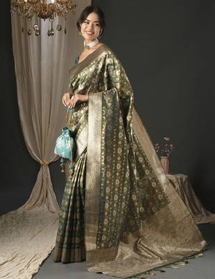 olive woven design zari organza banarasi saree 2