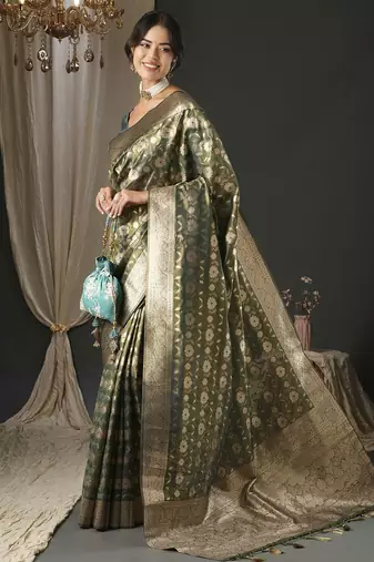 olive woven design zari organza banarasi saree
