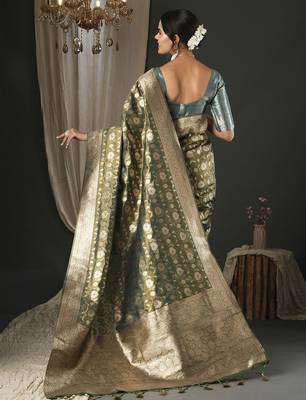 olive woven design zari organza banarasi saree 3