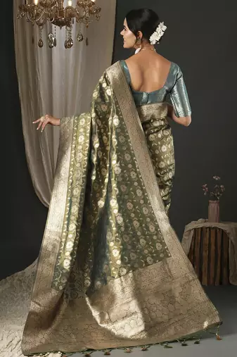 olive woven design zari organza banarasi saree