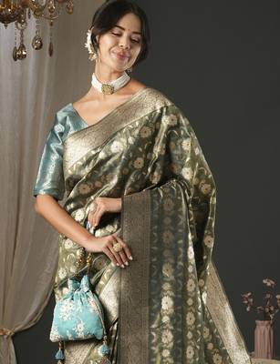 olive woven design zari organza banarasi saree 4