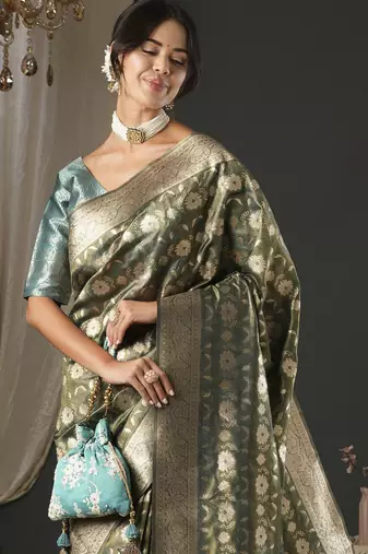 olive woven design zari organza banarasi saree