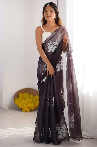 purple women floral embellished sequinned organza saree