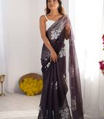 purple women floral embellished sequinned organza saree