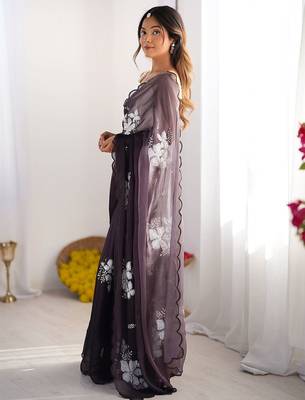 purple women floral embellished sequinned organza saree 2
