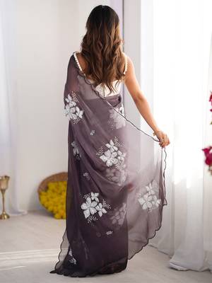 purple women floral embellished sequinned organza saree 3