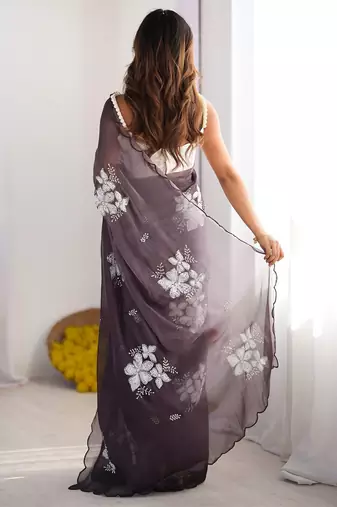 purple women floral embellished sequinned organza saree