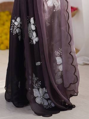purple women floral embellished sequinned organza saree 5