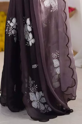 purple women floral embellished sequinned organza saree