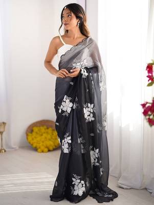 black floral embroidered sequinned organza saree 1