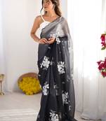 black floral embroidered sequinned organza saree