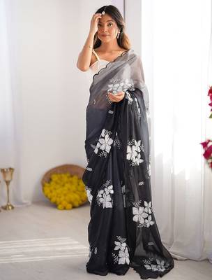 black floral embroidered sequinned organza saree 2