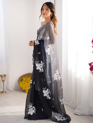 black floral embroidered sequinned organza saree 3